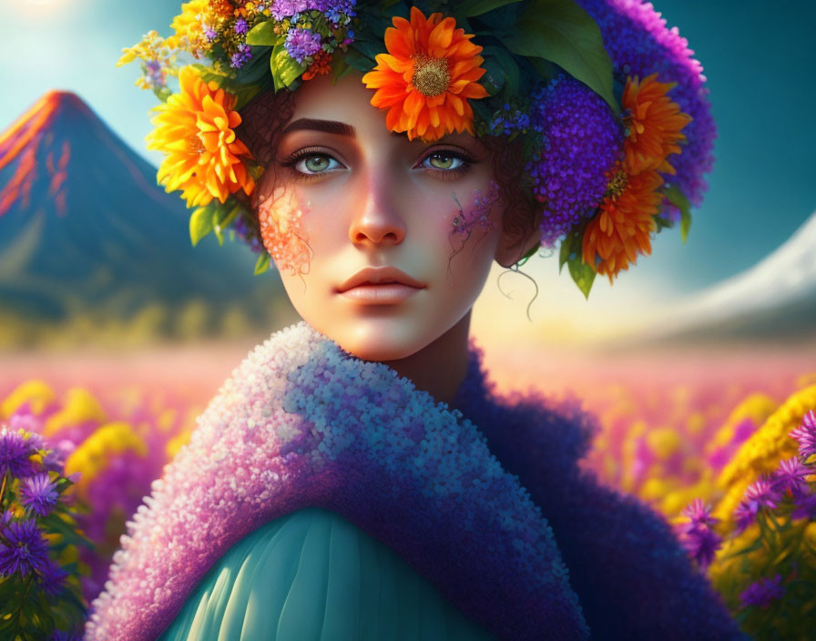 Digital illustration: Woman with floral wreath, purple flowers, and mountains.