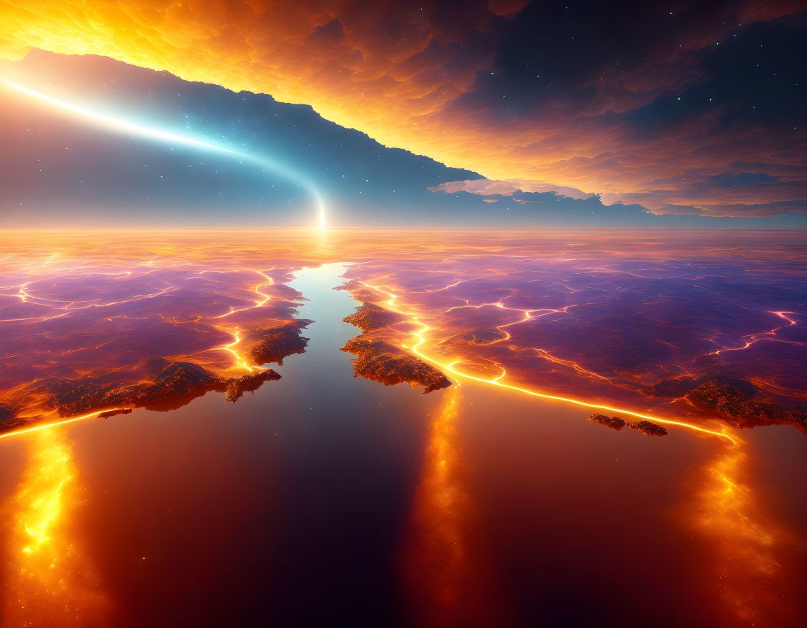 Surreal landscape with molten lava rivers and comet in dramatic sky