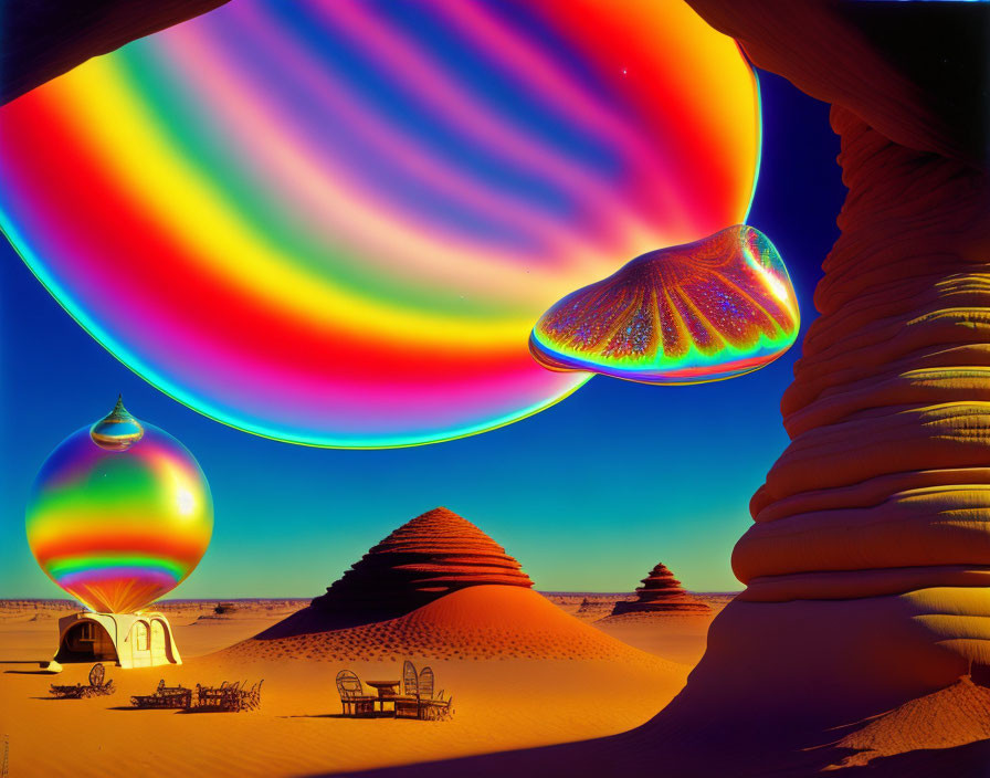 Colorful Desert Landscape with Swirling Skies and Sand Dunes