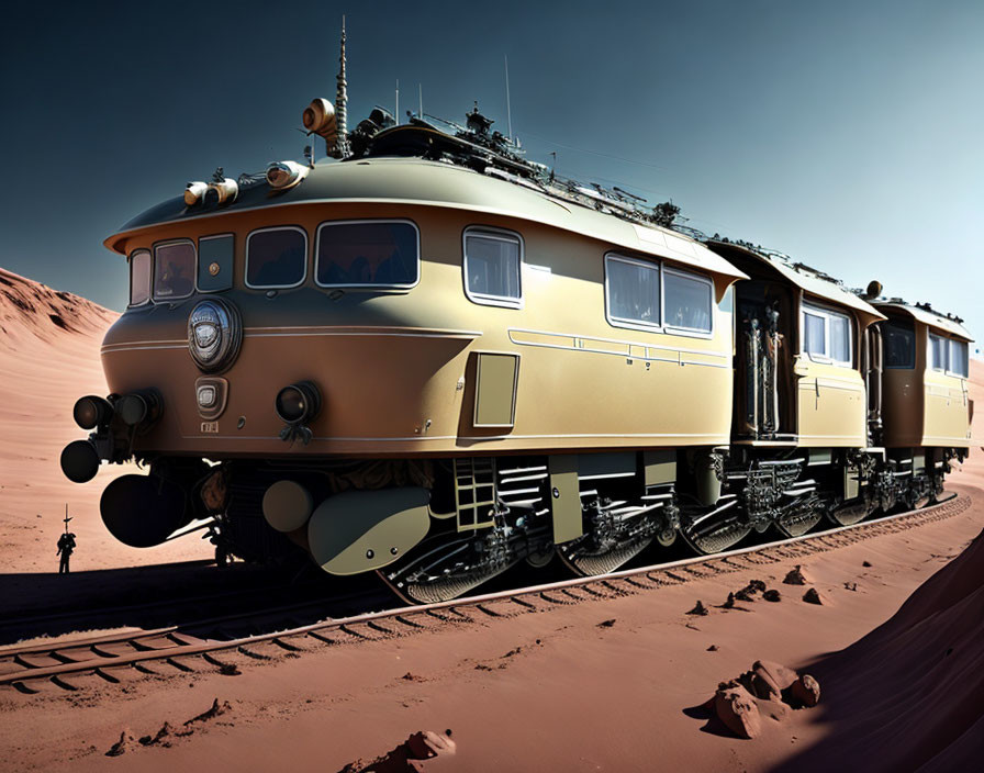 Retro-futuristic train on Martian landscape with classic locomotive design