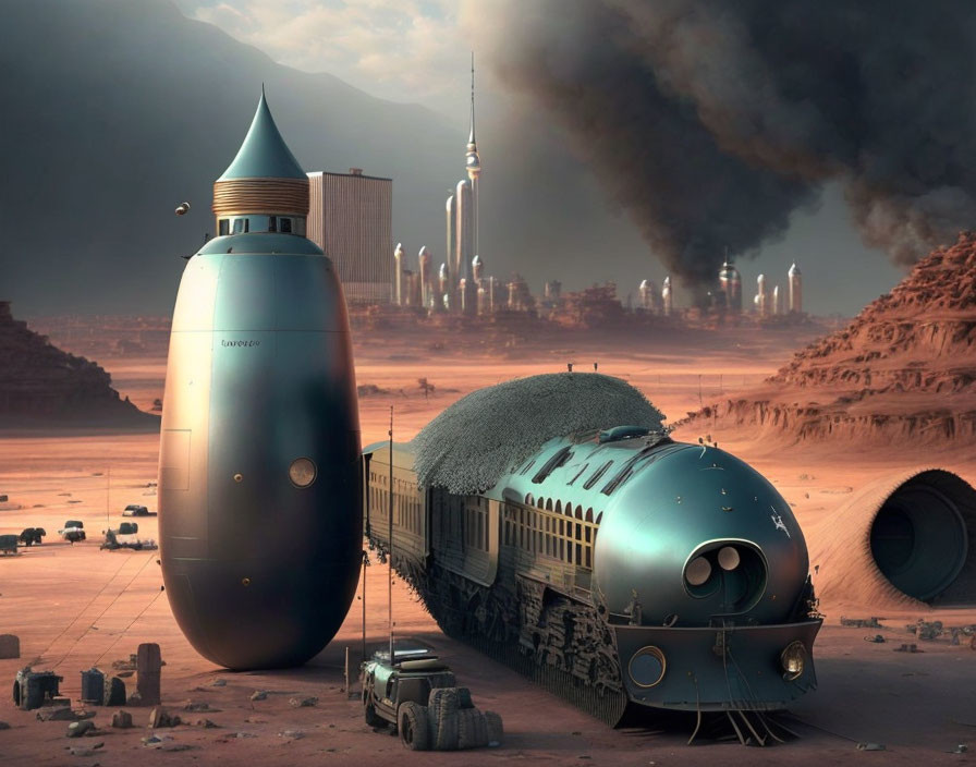 Blue futuristic rocket next to derailed train in desert landscape