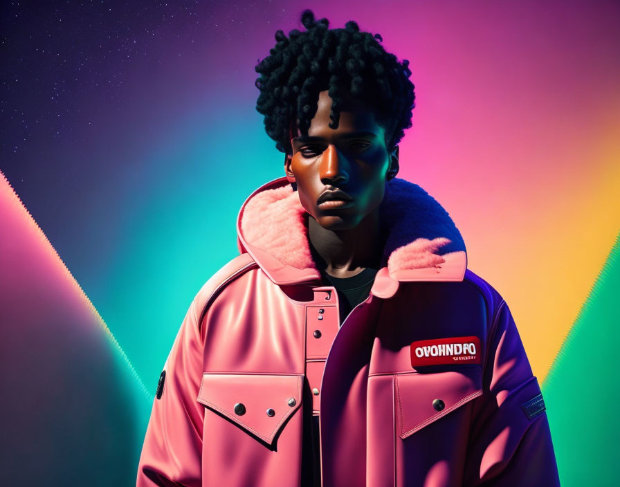 Curly-Haired Man in Pink Jacket on Colorful Background