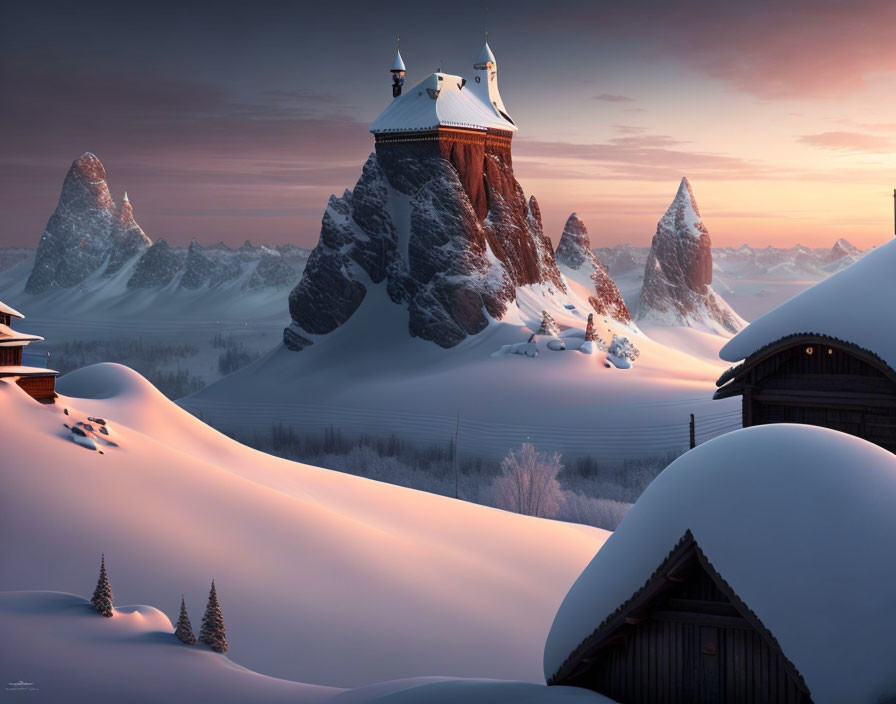 Snow-covered huts and castle on mountain at sunrise with pink and orange sky