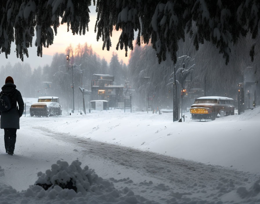 Snow-covered road with trees and vehicles under dusky sky