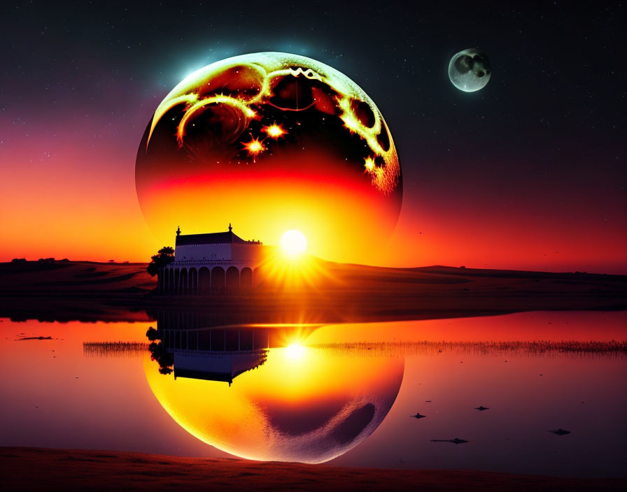 Surreal sunset with fantasy planet over serene landscape