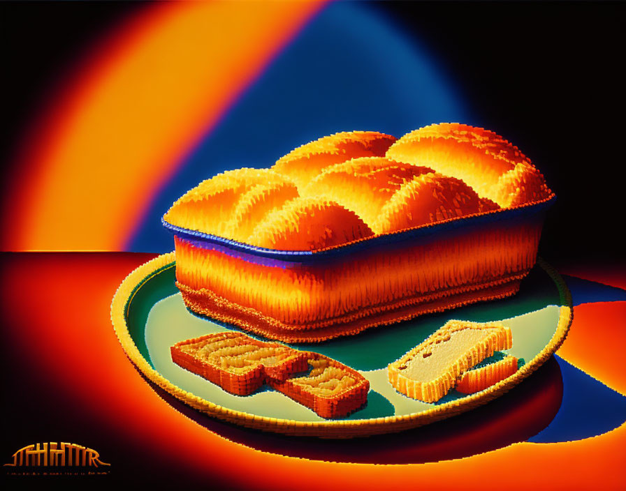 Colorful Digital Art: Cookies on Plate with Dramatic Lighting & Neon Glow Background