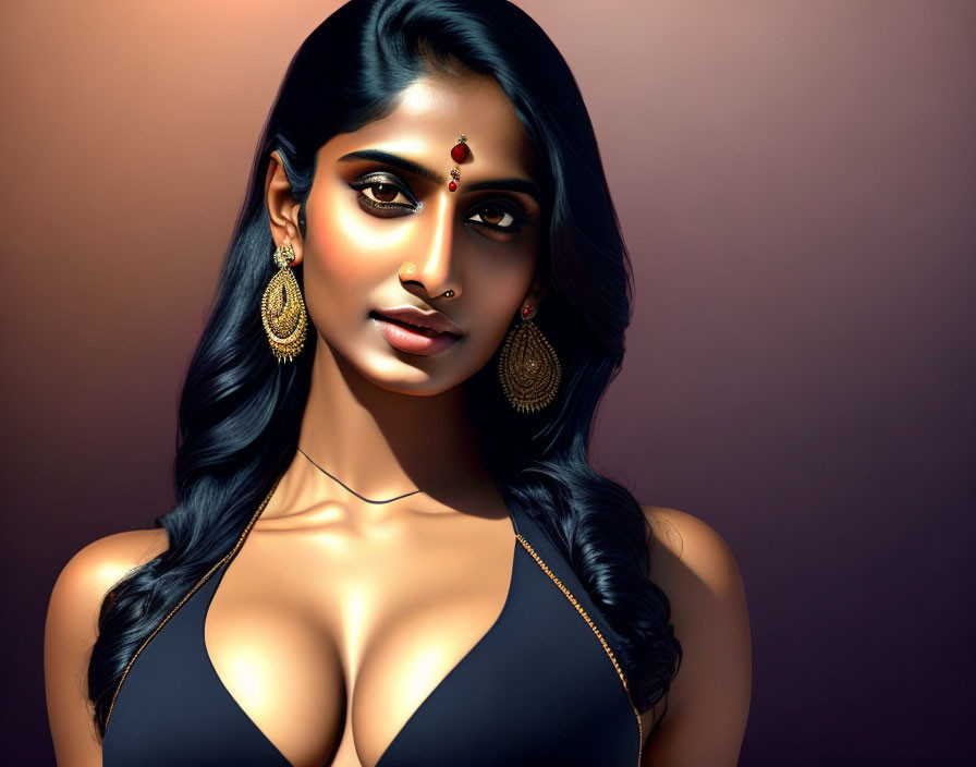 Traditional Indian jewelry adorns woman with long dark hair