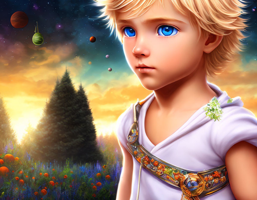 Fantasy-themed illustration of young boy with blue eyes and cosmic attire under vibrant sunset sky