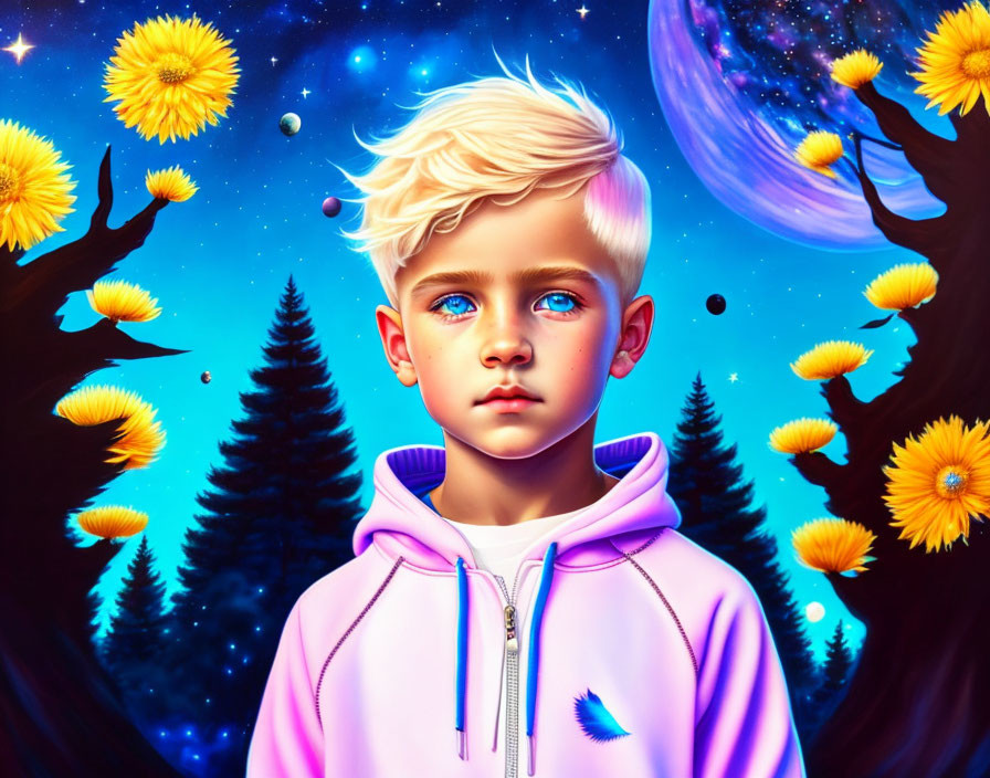 Young boy with blue eyes in purple hoodie against cosmic backdrop