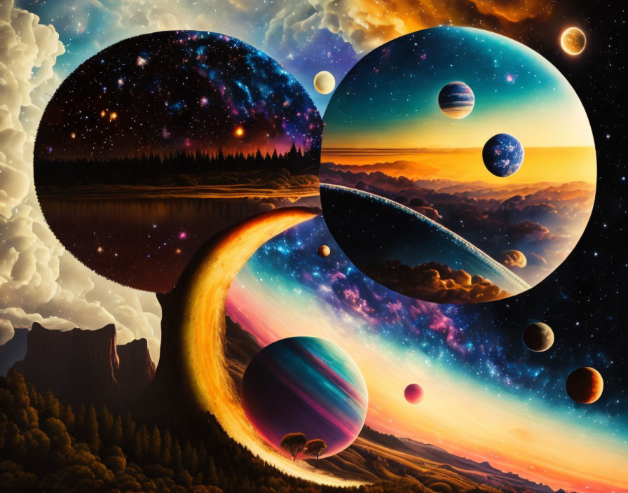 Vibrant cosmic digital artwork: surreal landscape meets colorful universe