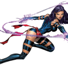 Female character in futuristic black outfit with glowing purple weapons and headphones in dynamic pose.