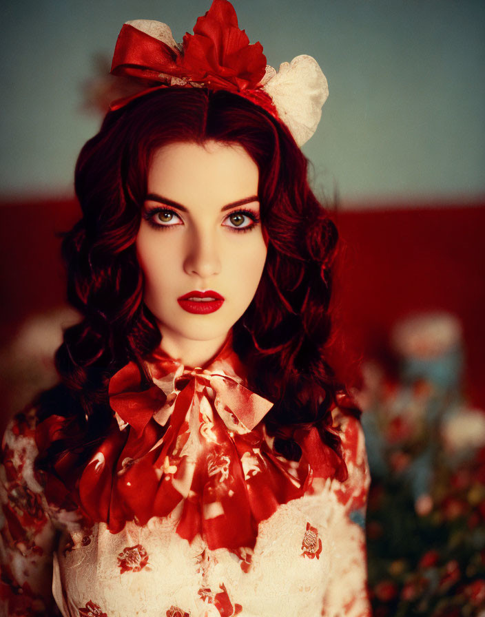 Woman in white floral dress with red bow, deep red lipstick, and curly hair.