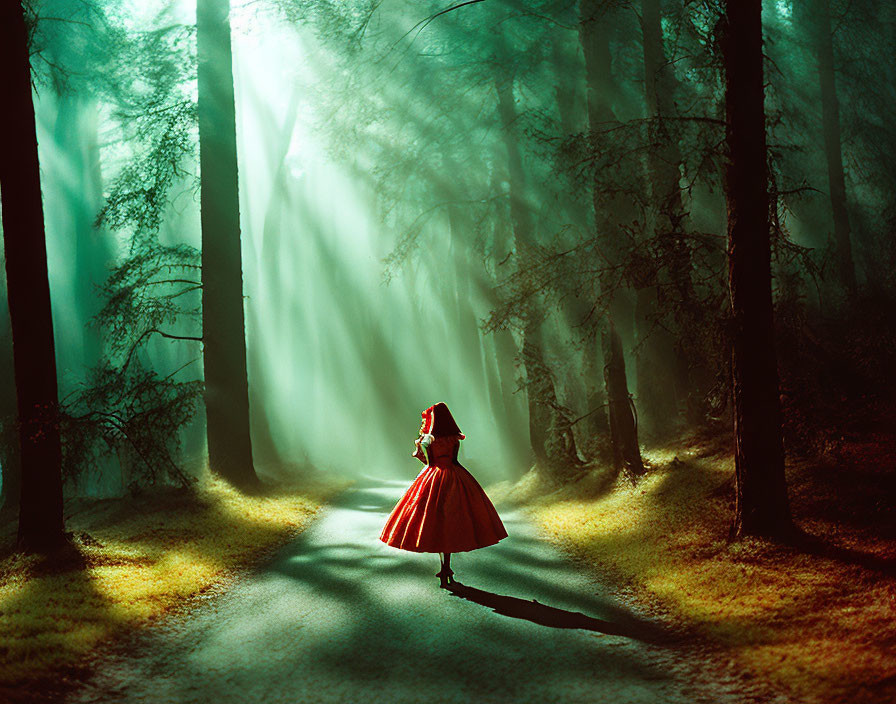 Person in Red Cloak in Misty Forest with Sunbeams