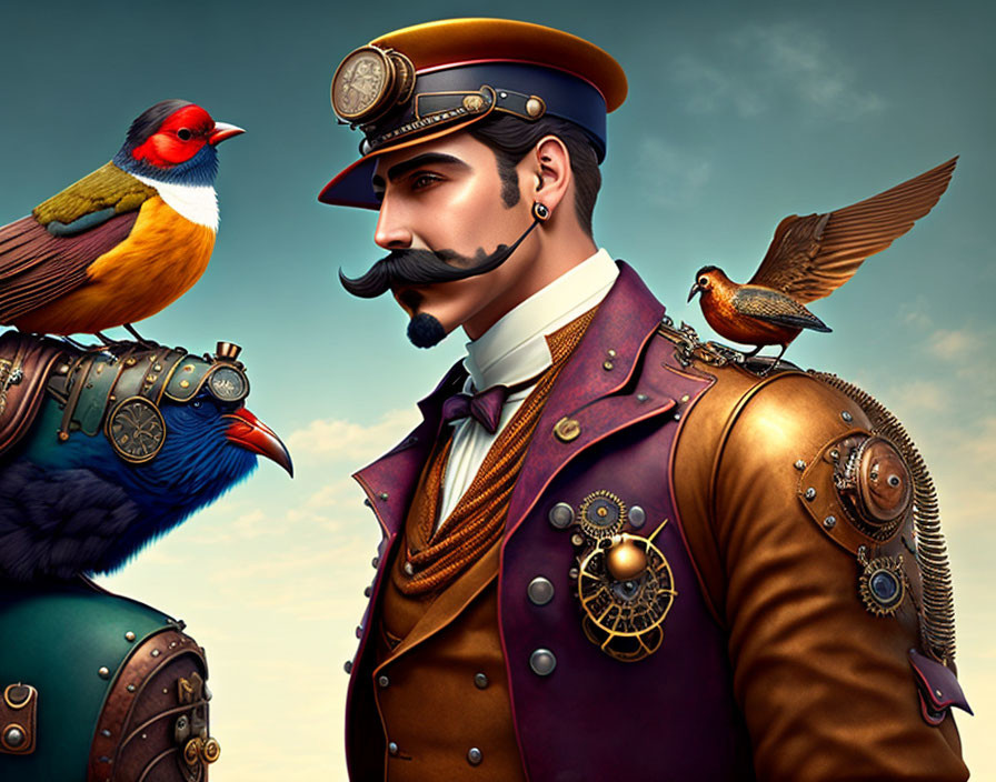 Steampunk man with mechanical arm, birds, and blue sky portrait.