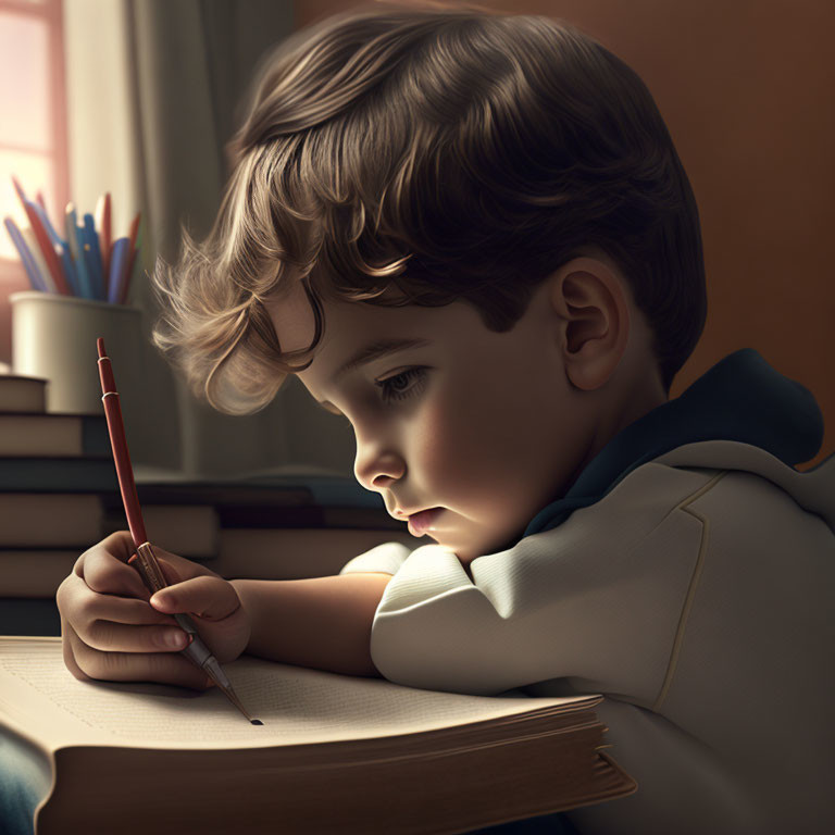 Child writing in notebook with books and pencils in soft lighting