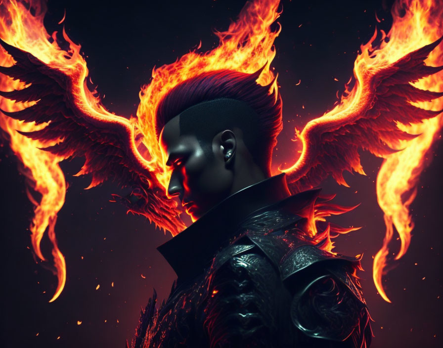 Male figure with mohawk profile and fiery wings on dark background