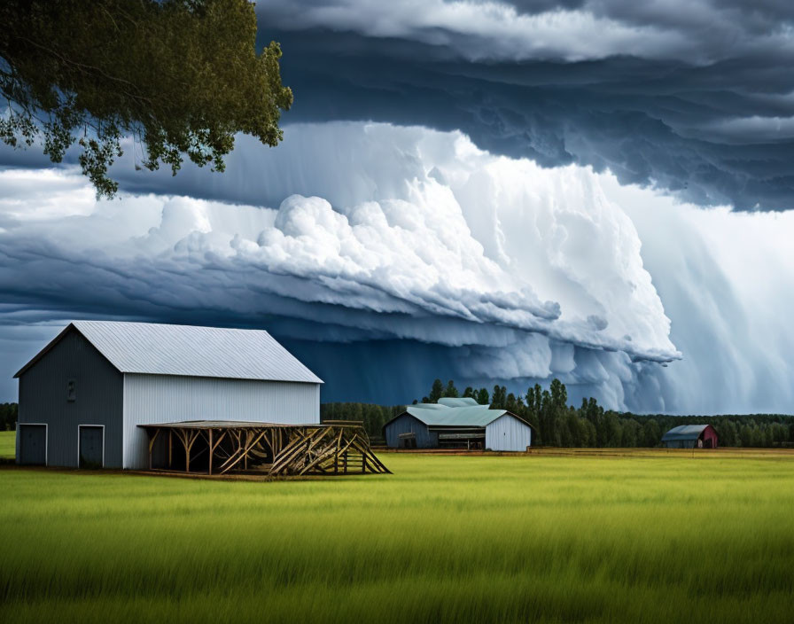 Stormy landscape with barn and outbuildings under dramatic thunderstorm