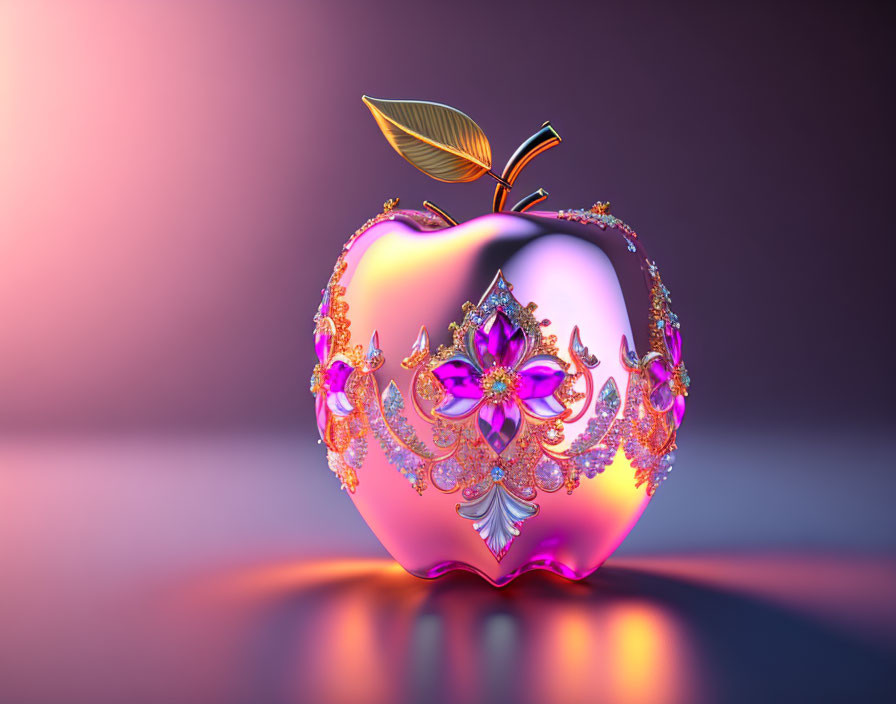 Shiny red apple with gold patterns and gemstones on purple background