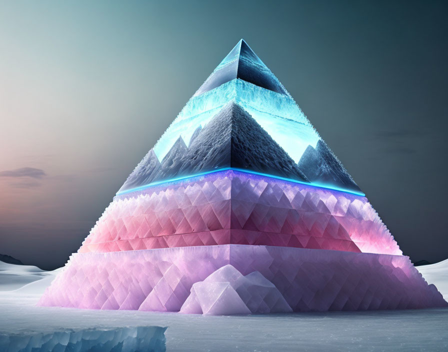 Layered Pyramid Glowing in Blues and Pinks in Snowy Twilight