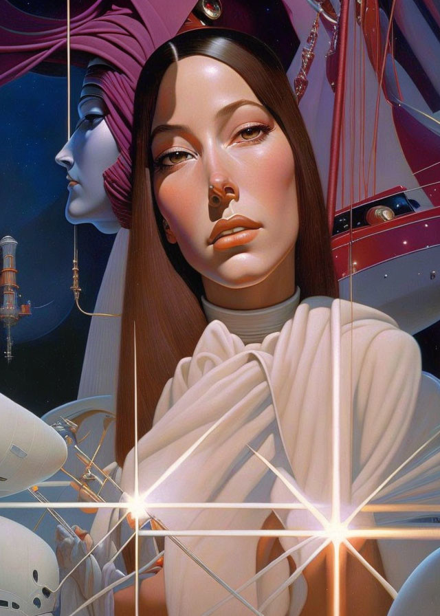 Stylized portrait of woman with glossy skin in space-themed setting