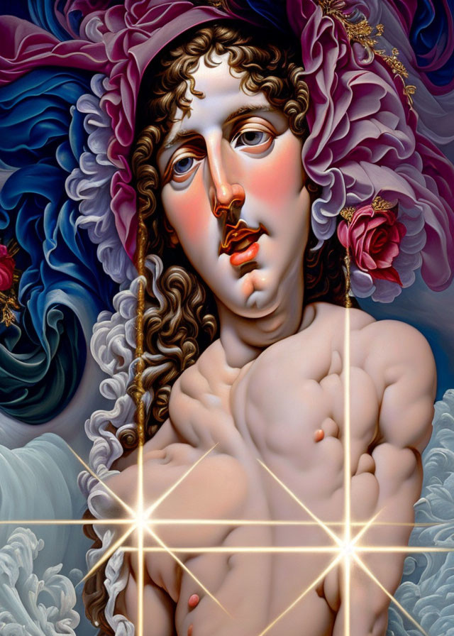 Surrealistic digital artwork: person with classical features, surrounded by roses