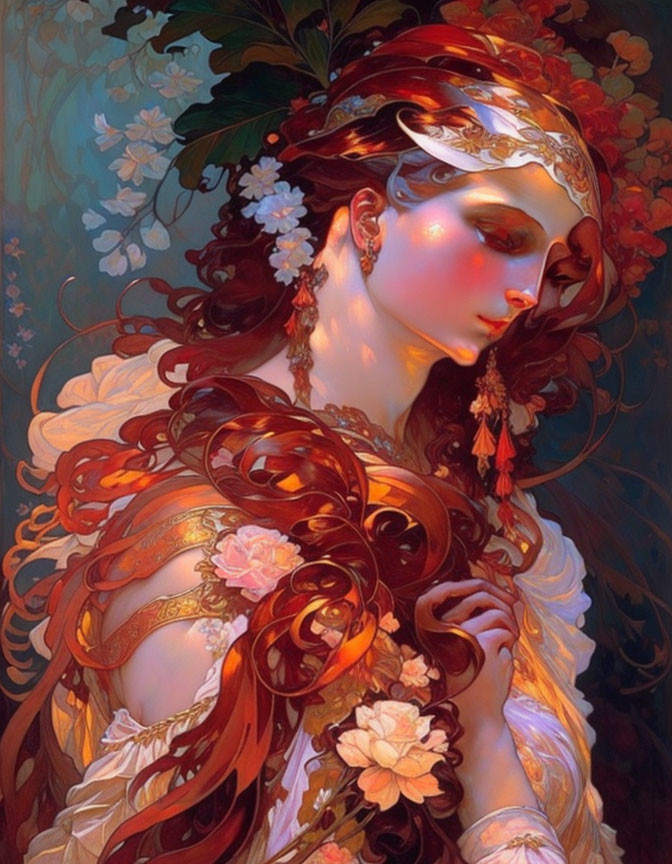 Illustration of woman with red hair and jeweled headpiece in serene setting