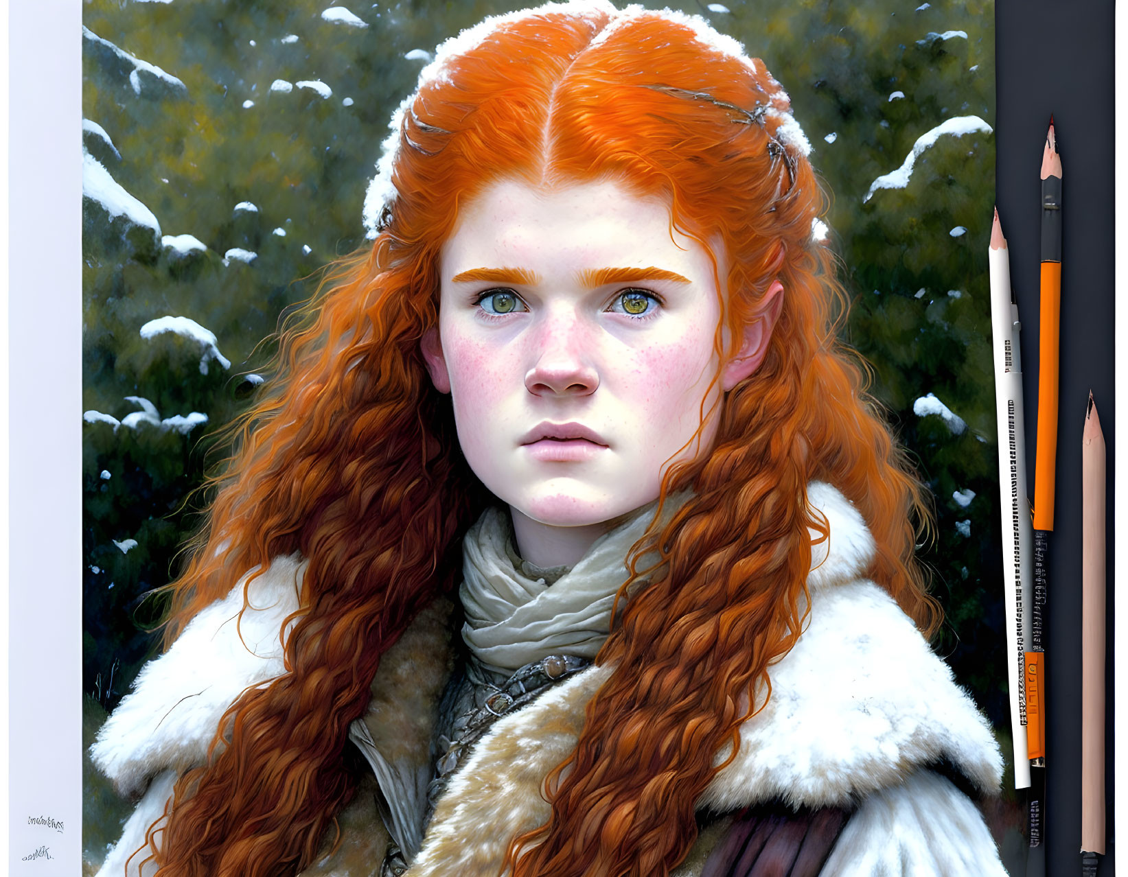 Detailed winter-themed illustration: girl with red hair, blue eyes, in winter attire, snowy background,