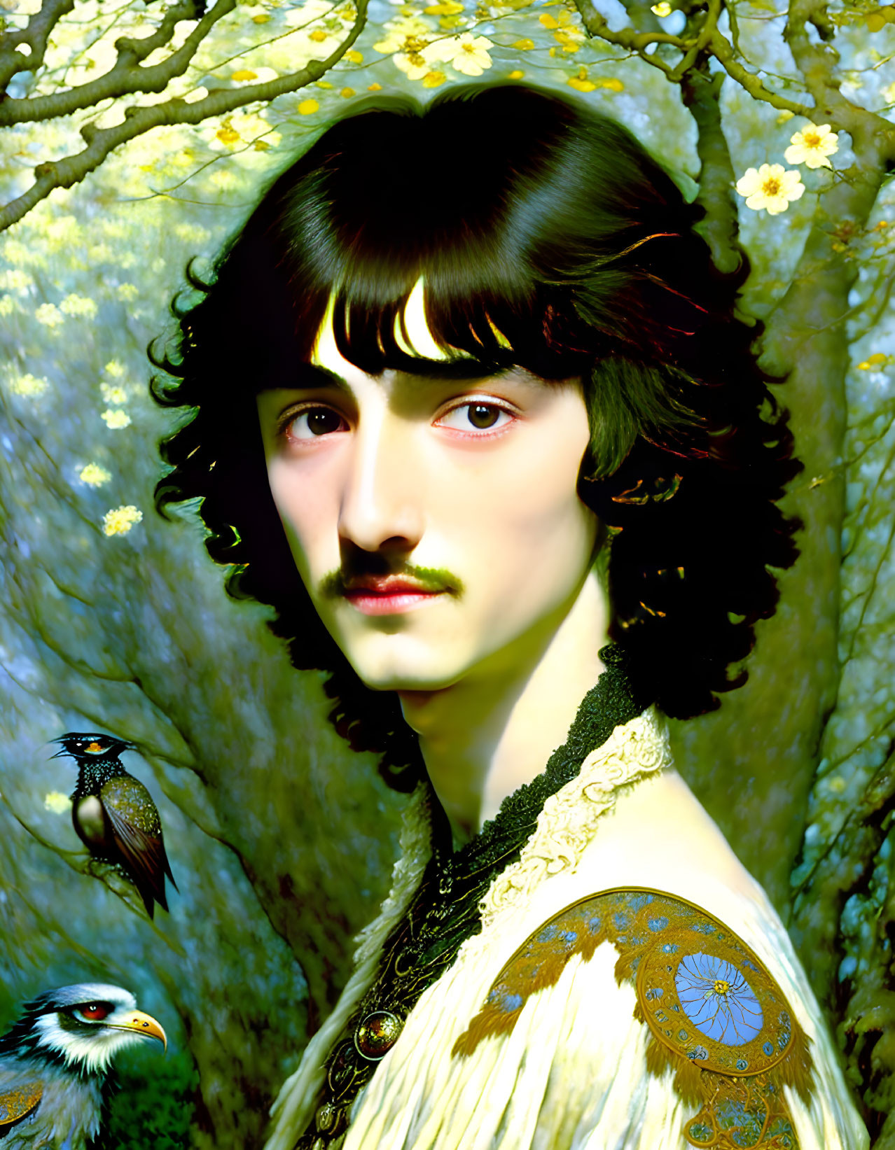 Detailed painting of person with dark hair and mustache, wearing ornate eagle-themed robe against floral backdrop