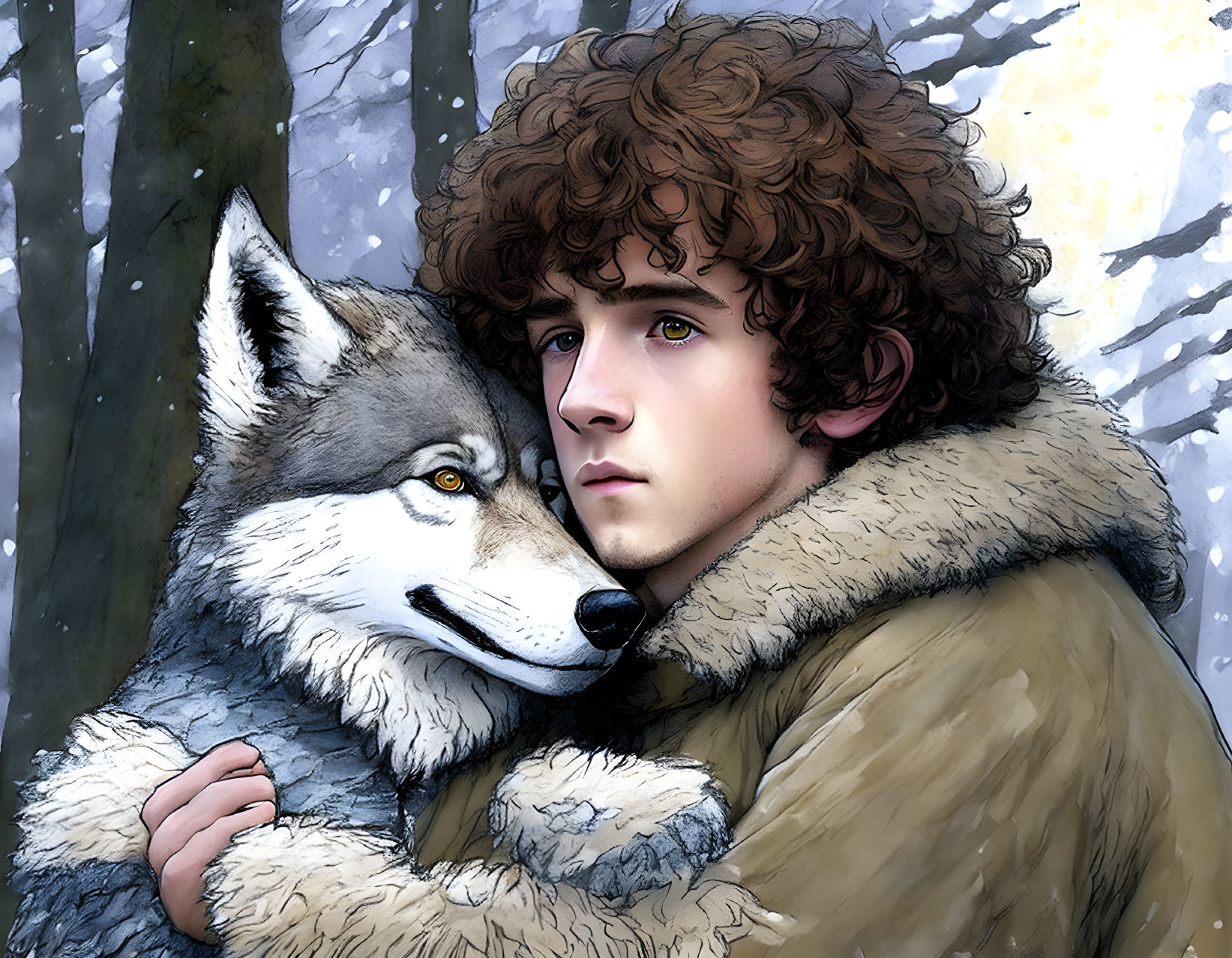 Young man with curly hair embraces large wolf in wintry forest scene