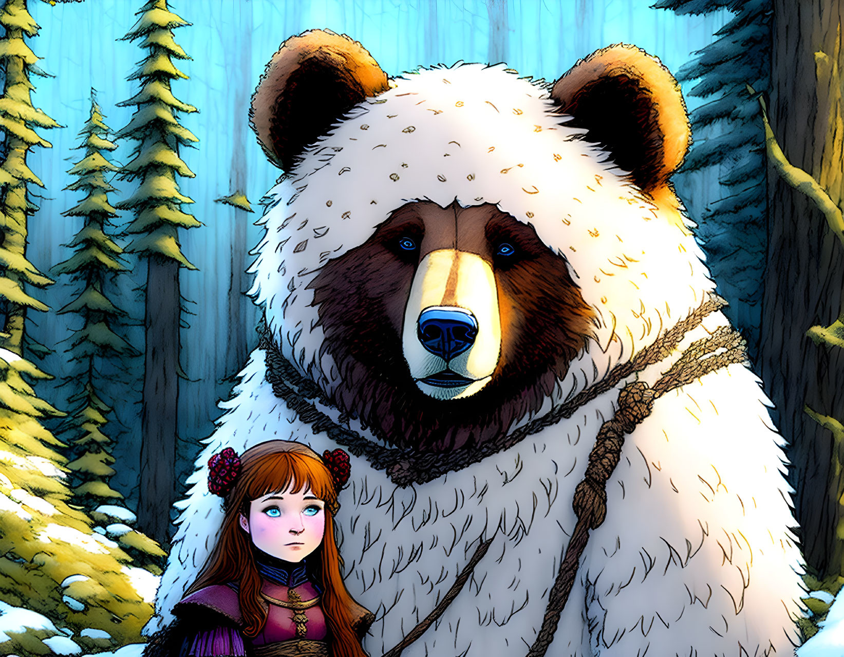 Red-haired girl and bear in snowy forest: Companionship and fantasy