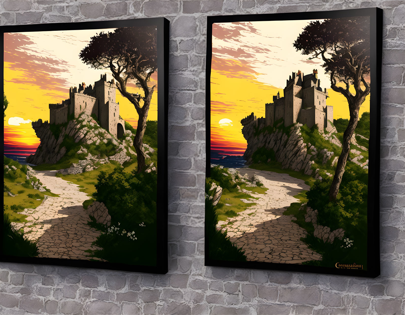 Framed paintings of castles on cliffs at sunset