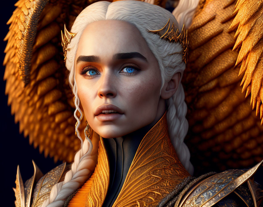 Digital portrait of woman with pale skin, white braided hair, blue eyes, in golden dragon armor