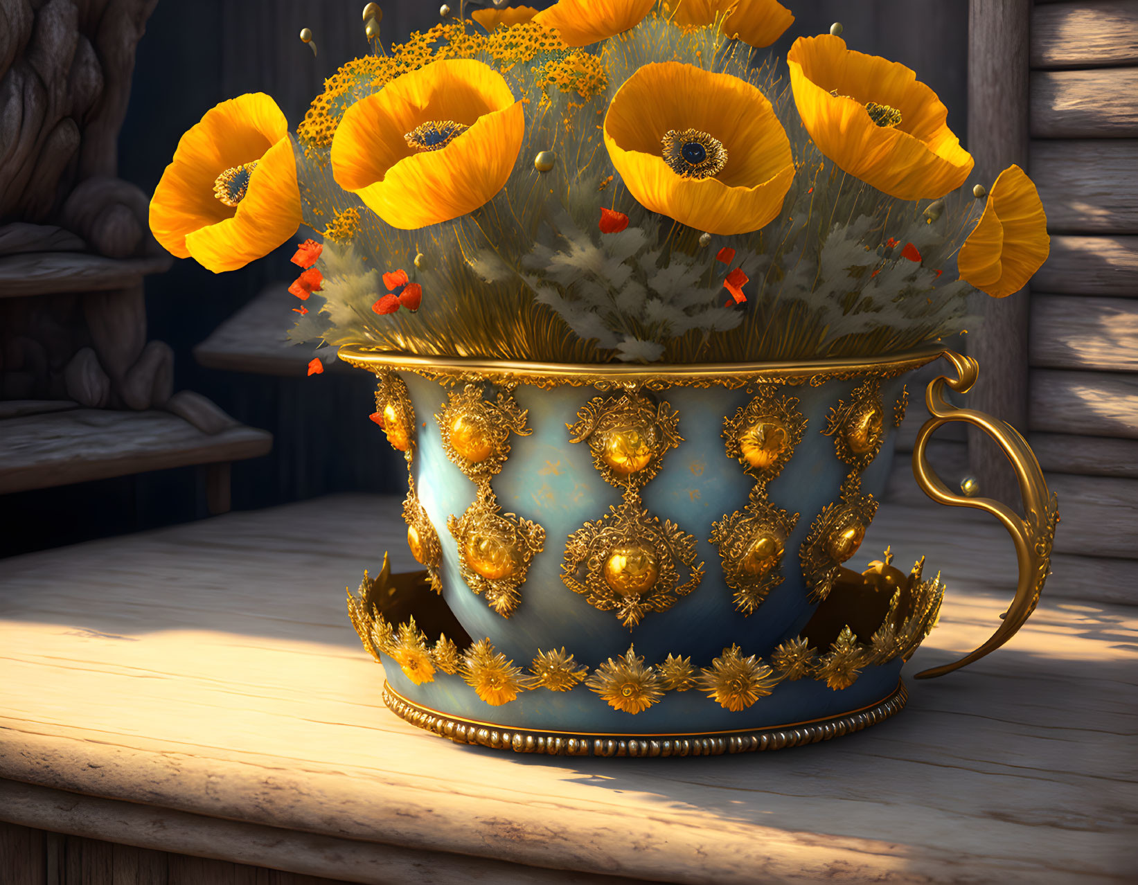 Vibrant digital artwork: Orange poppies in gold-trimmed cup