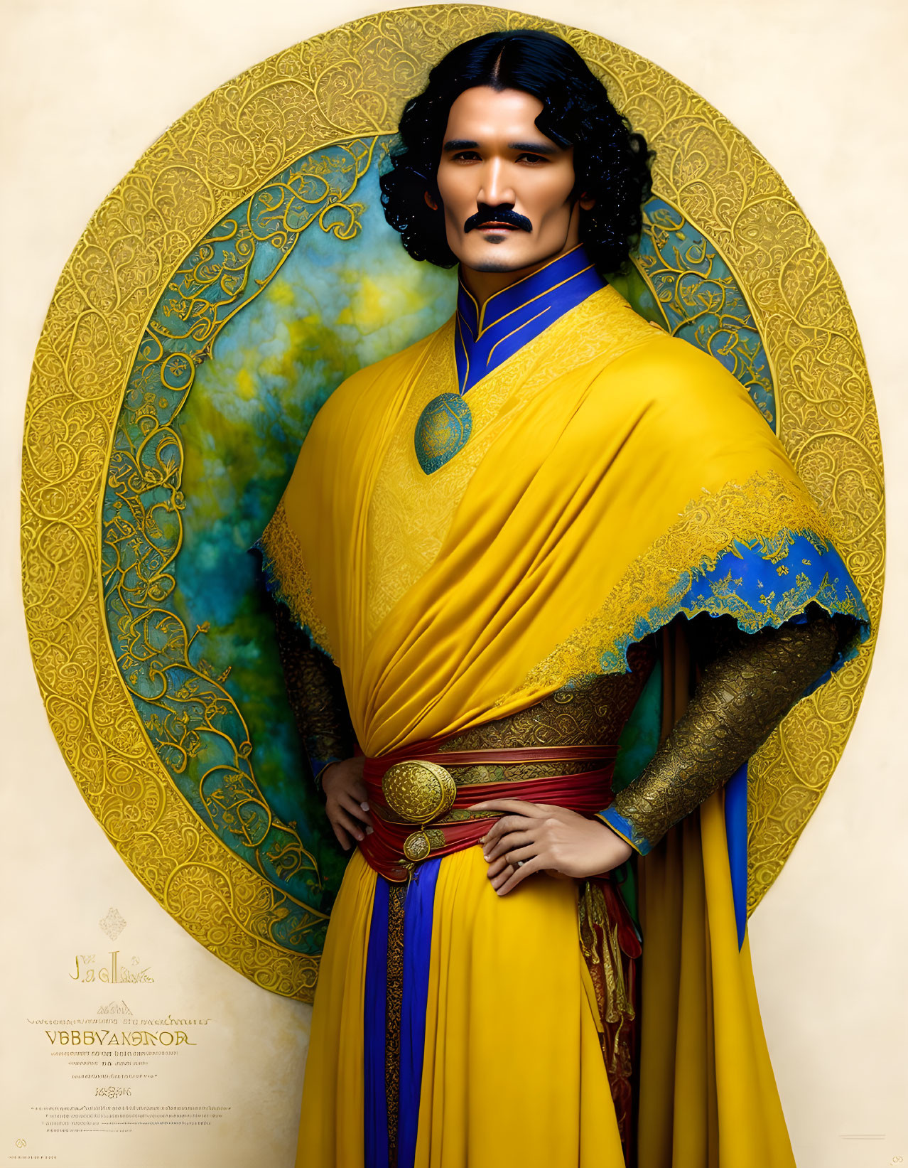 Regal man with dark hair in gold and blue robe and intricate patterns.