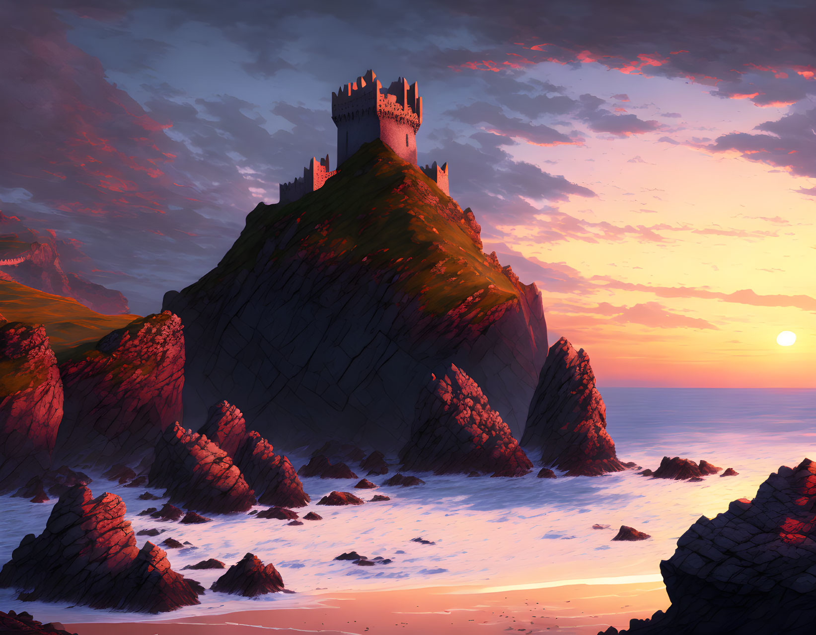 Majestic castle on cliff overlooking sea at sunset