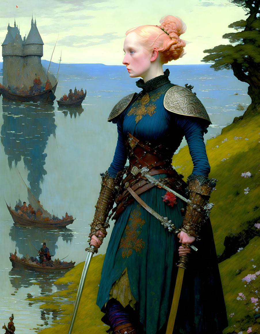 Medieval armored woman with sword by the sea and ships in background