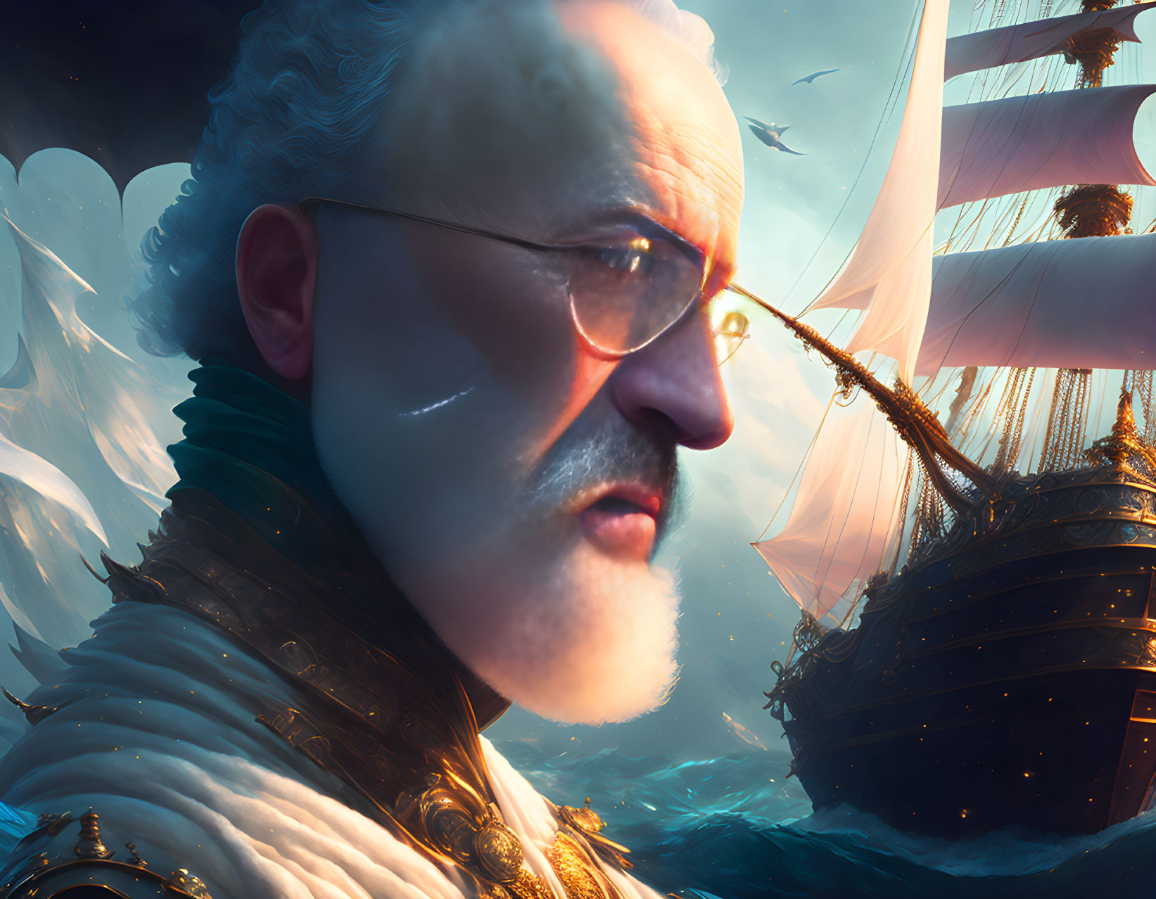 Regal elder man in gold-trimmed coat and monocle overlooking sailing ship on glistening sea