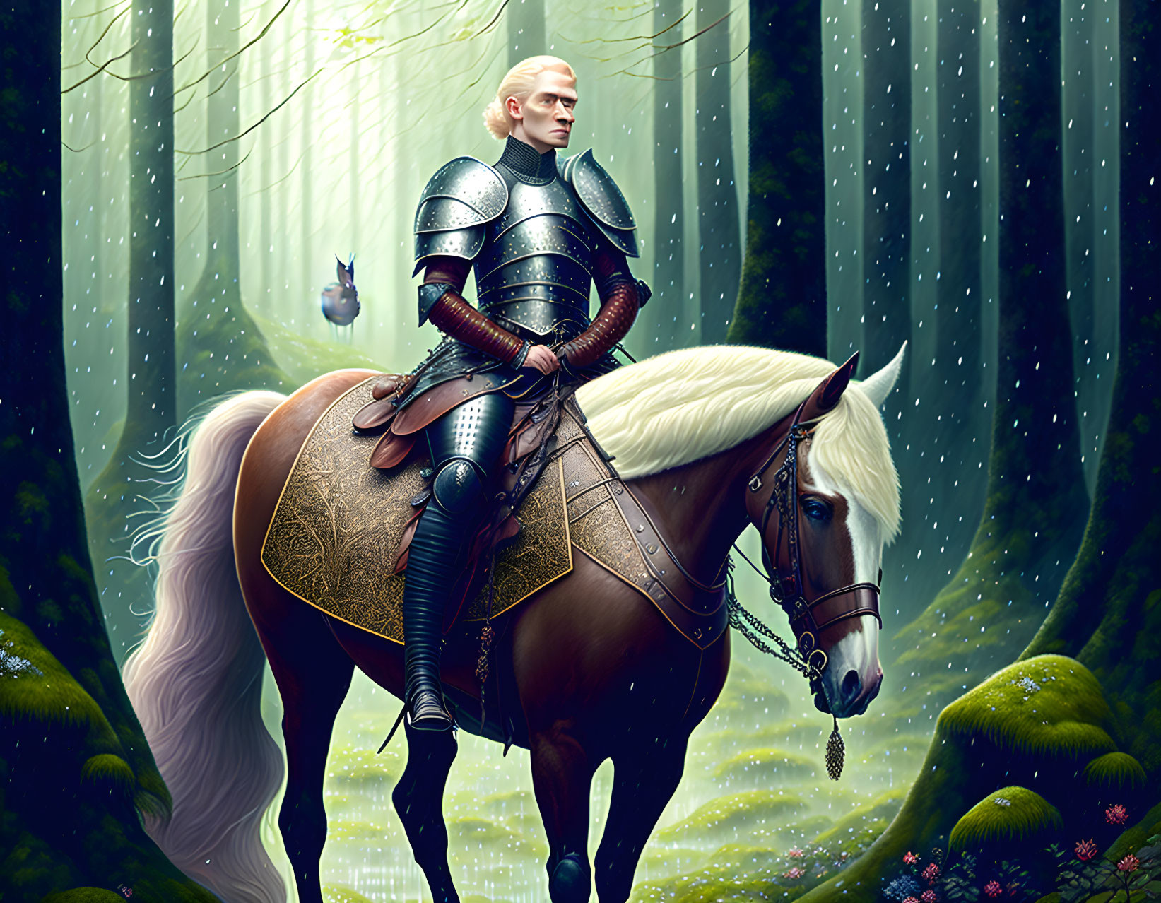 Armored knight on white horse in ethereal forest.