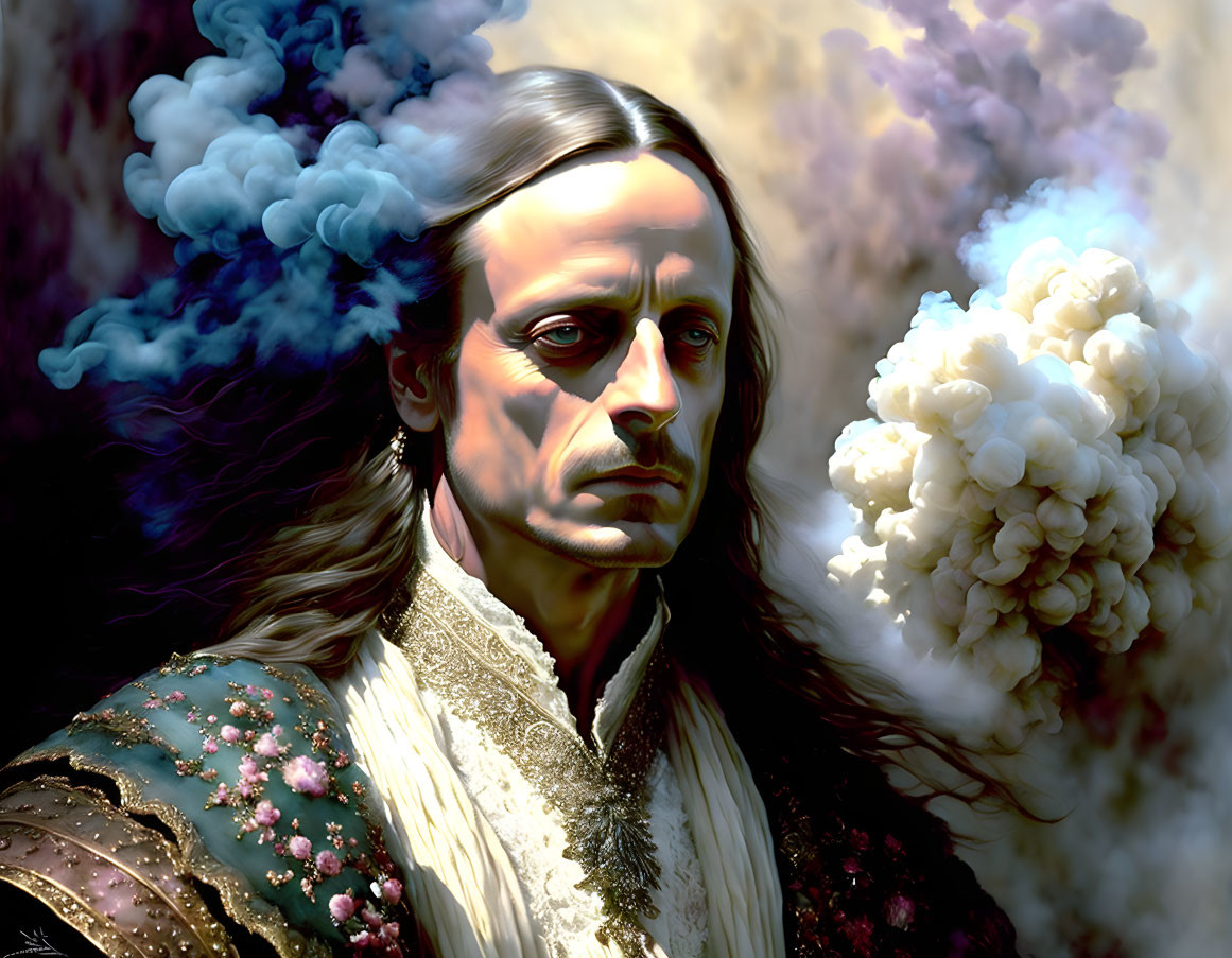 Long-haired man in renaissance attire amidst colorful smoke clouds.