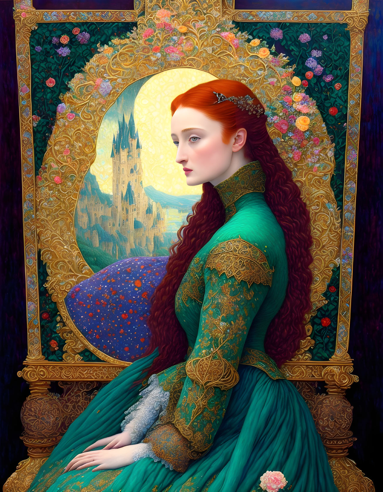 Detailed Artwork: Red-Haired Woman in Green Medieval Dress by Castle Window