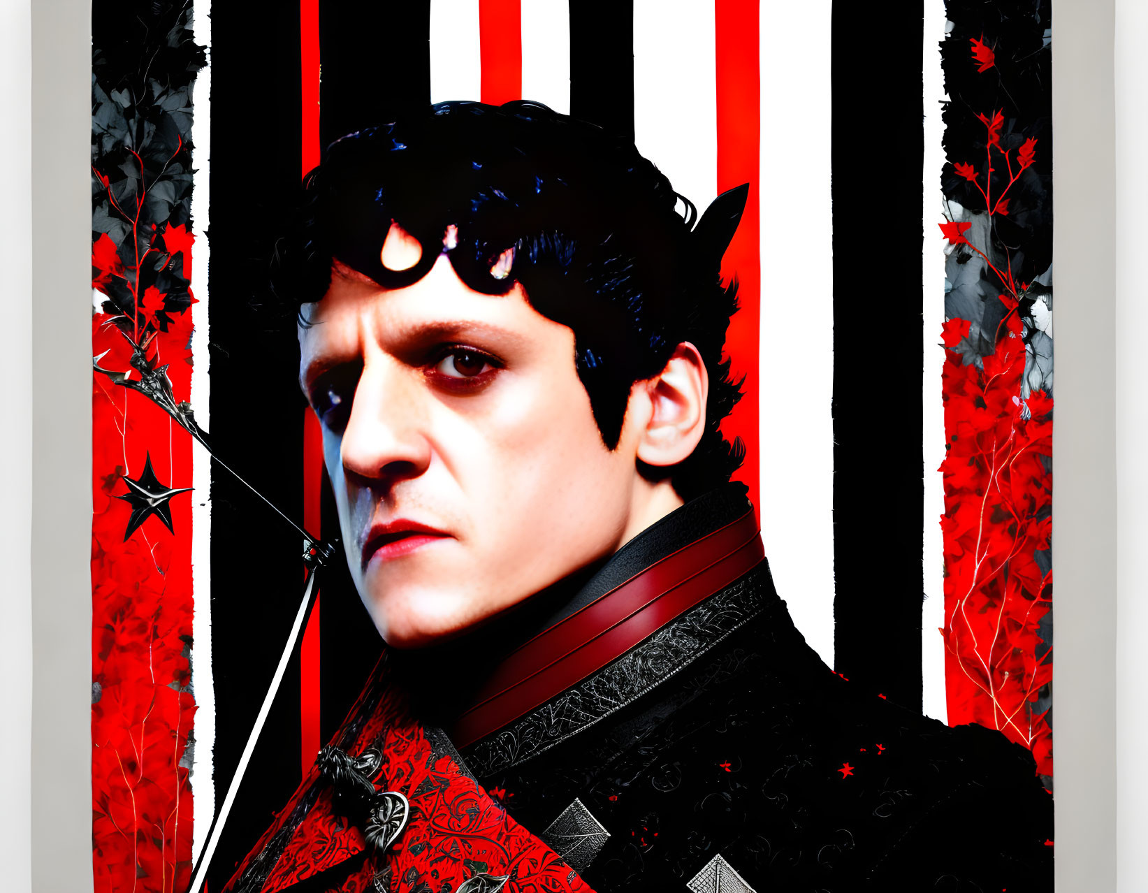 Stylized portrait of determined man in medieval attire on red striped background