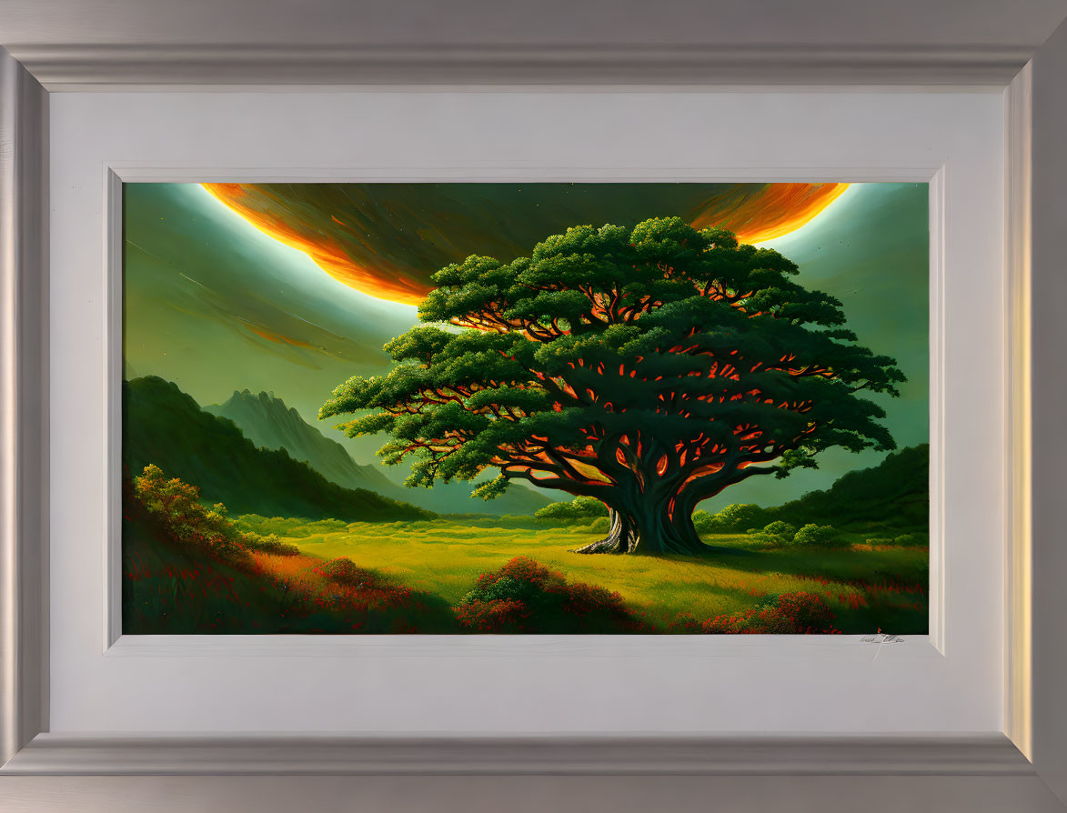 Majestic tree painting in lush meadow under dramatic sky