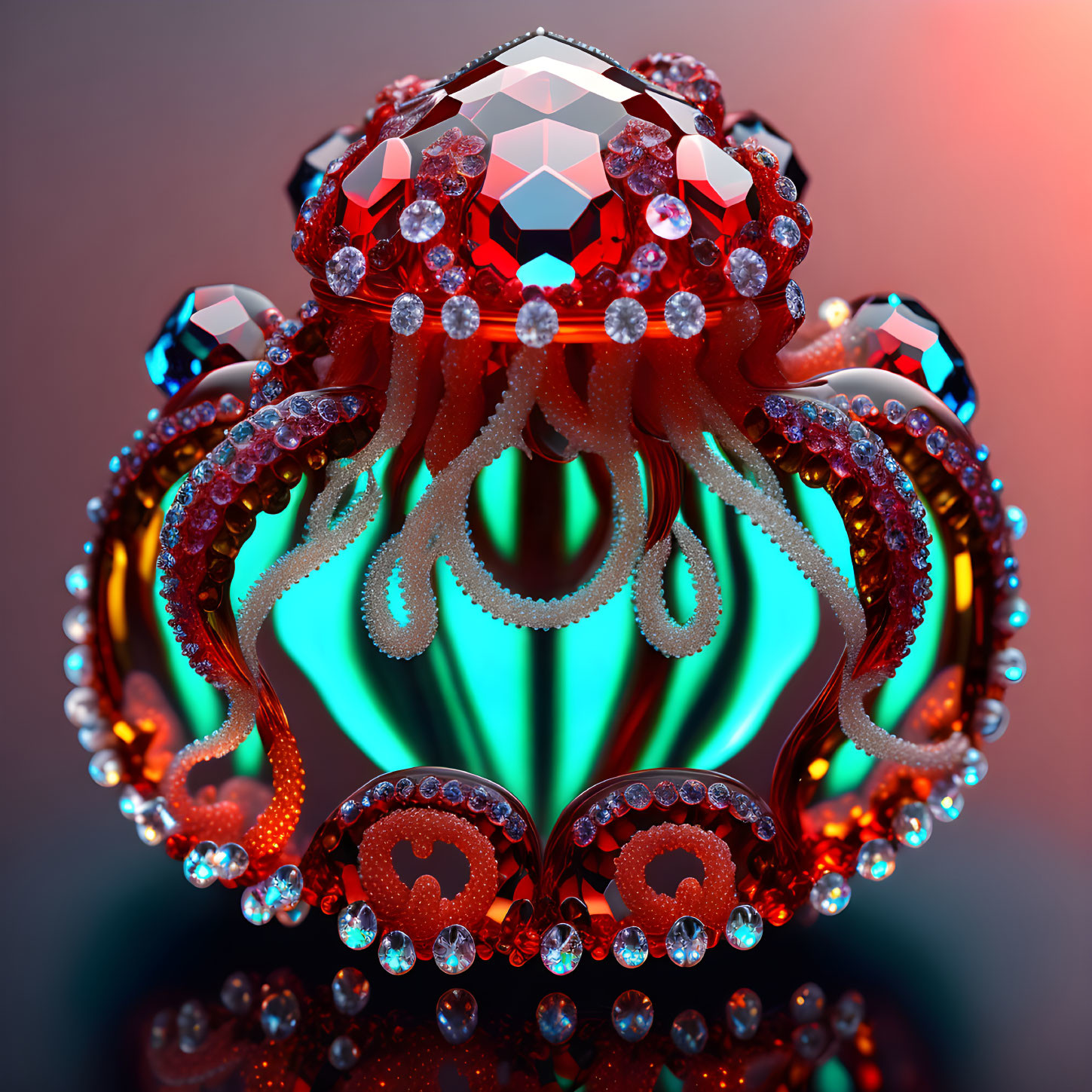 Vibrant red and turquoise digitally-rendered octopus with crystalline texture