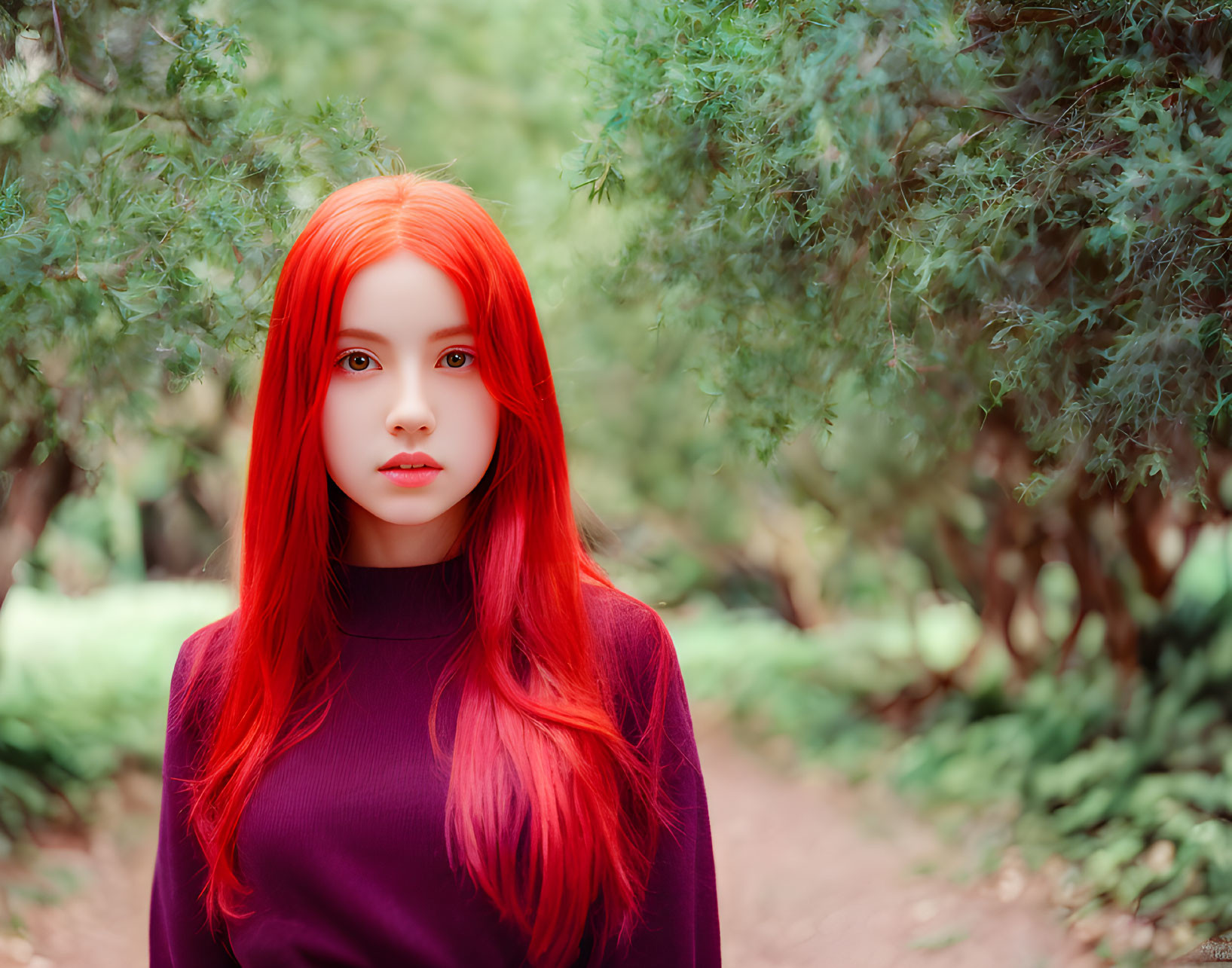 Vibrant red-haired woman in purple top against lush green backdrop