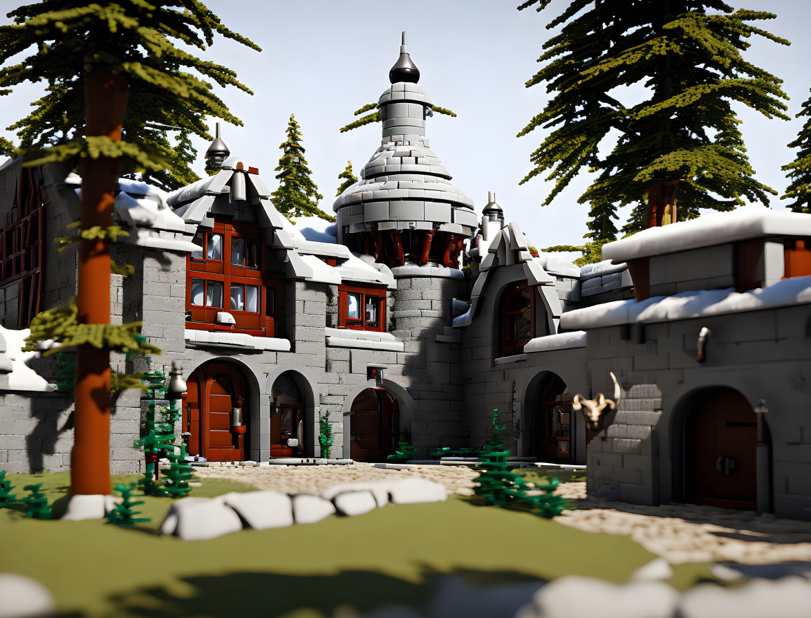 Detailed LEGO Medieval Castle Model with Snow-Capped Roofs & Coniferous Trees