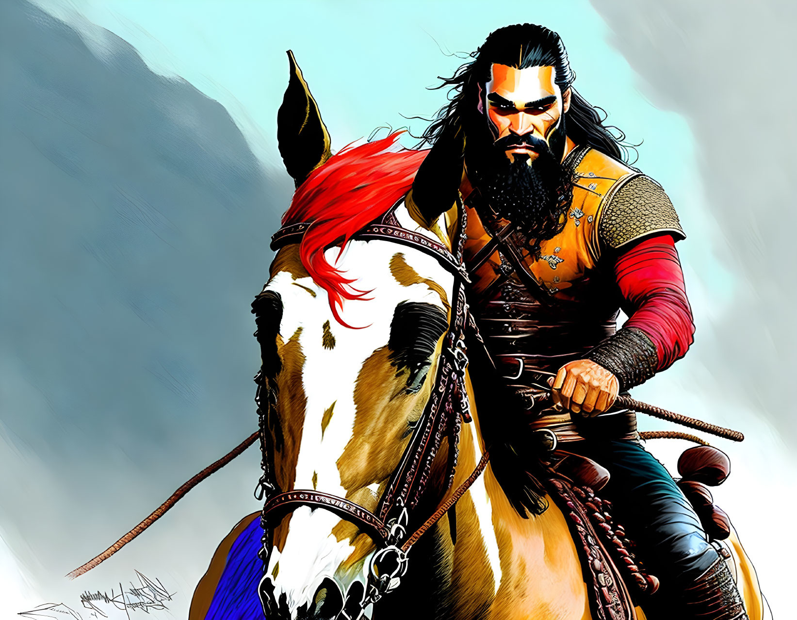 Fierce warrior with beard on horse with red mane