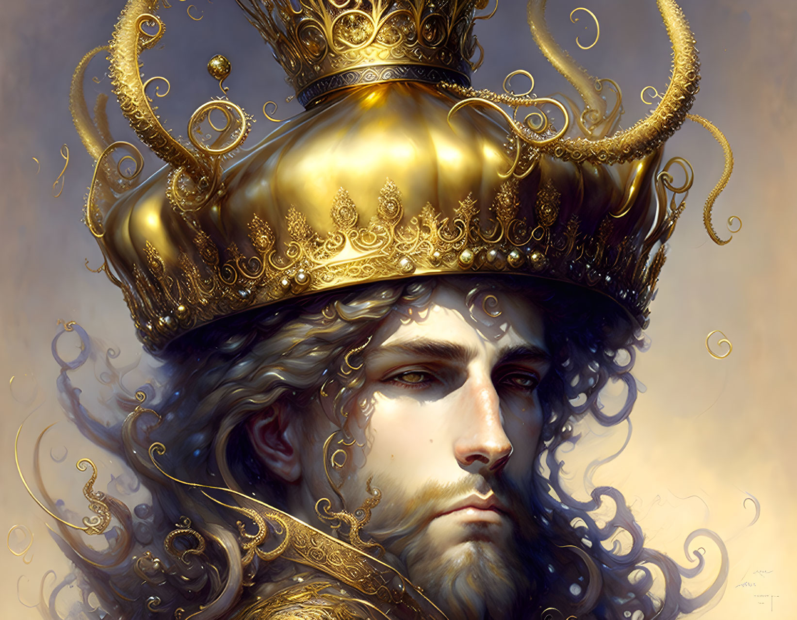 Regal man with curly hair and golden crown