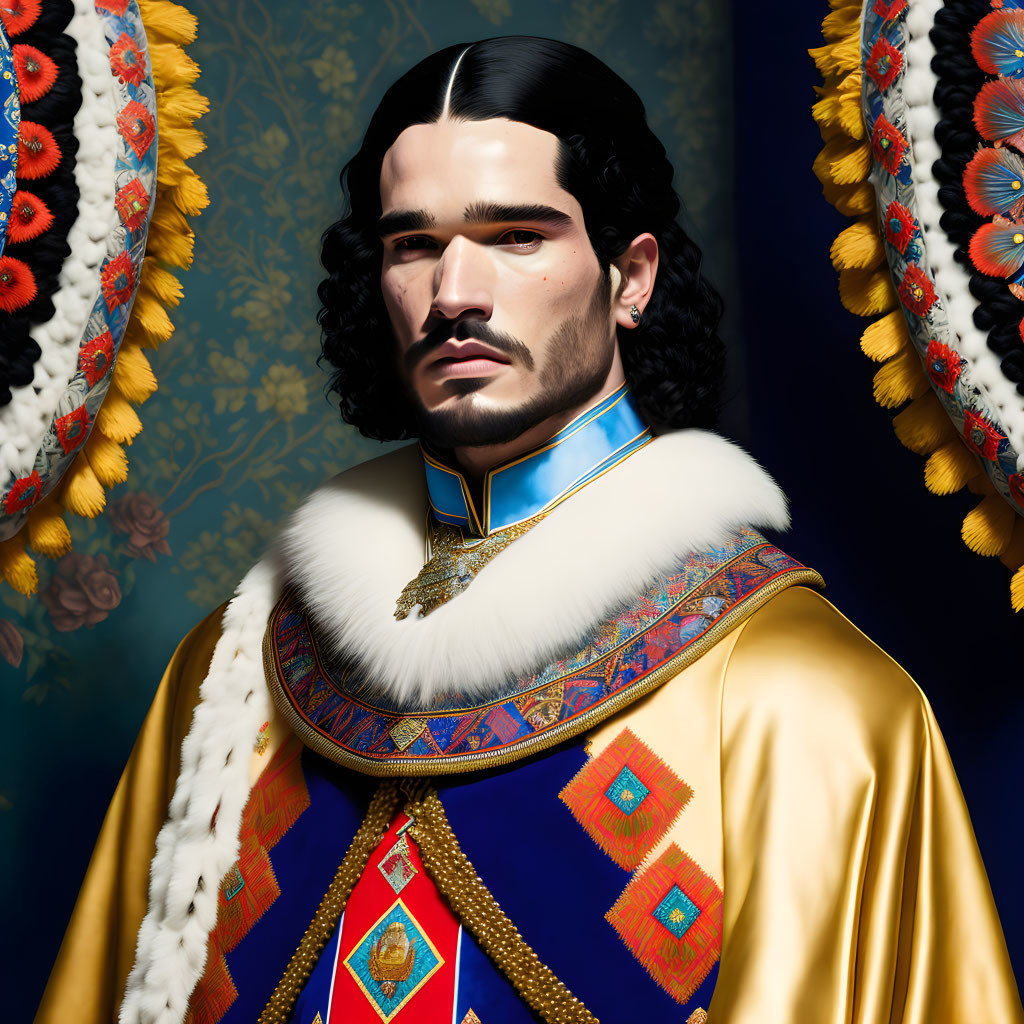 Stylized man in golden cape with mustache, fur collar, blue sash, against floral