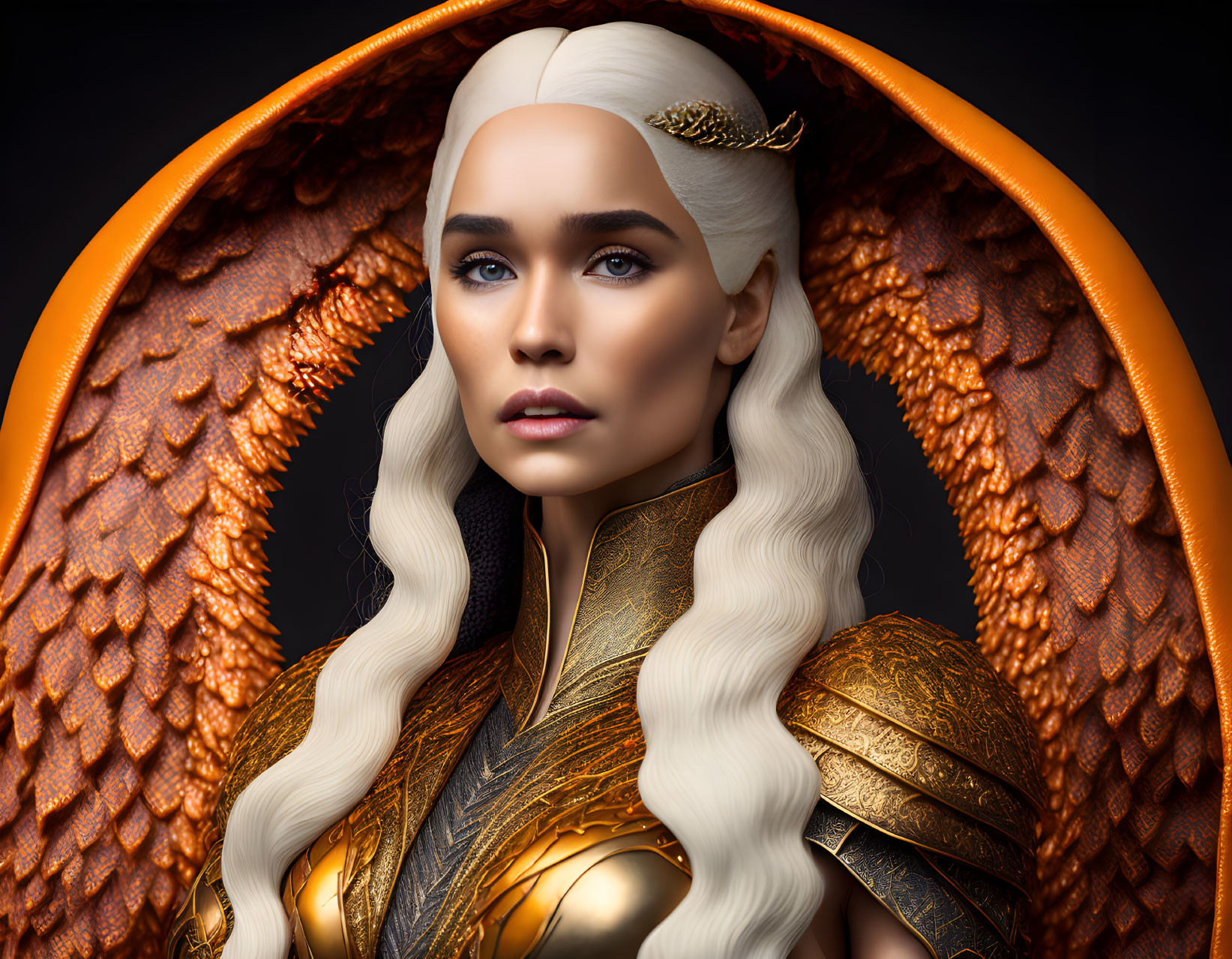 Platinum blonde woman in golden armor with dragon accessory on dragon-wing background