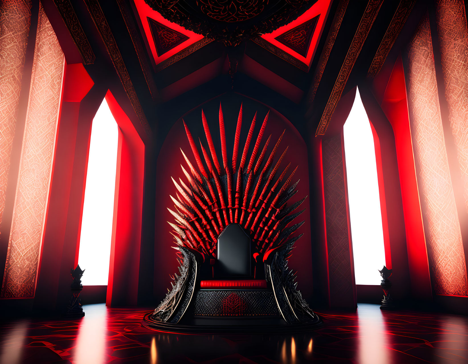 Dark, ornate throne in regal room with torches and red triangular motif